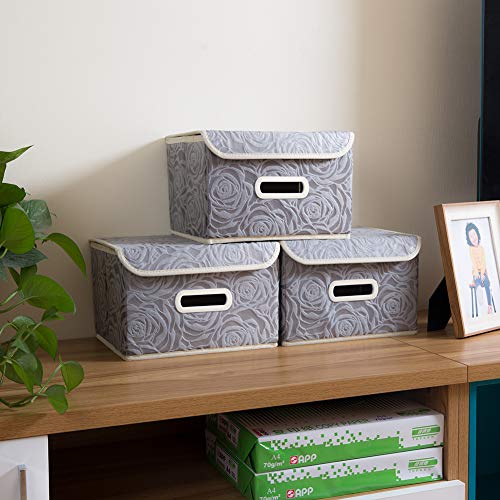 Collapsible Storage Boxes with Lids Fabric Decorative Storage Bins Cubes Organizer Containers Baskets with Cover Handles Divider for Bedroom Closet Living Room 9.8x7.9x6.7 Inch 3 Pack (3 Count)
