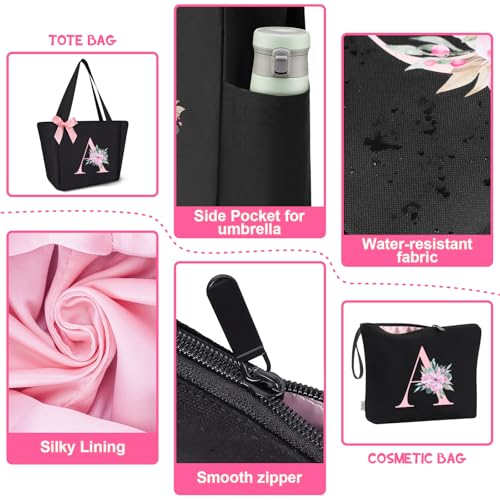 Tote Bag, A-Z Initial Monogrammed Waterproof Tote Bag, Bridesmaid Gifts for Women, Black and Pink (S, Black Set)