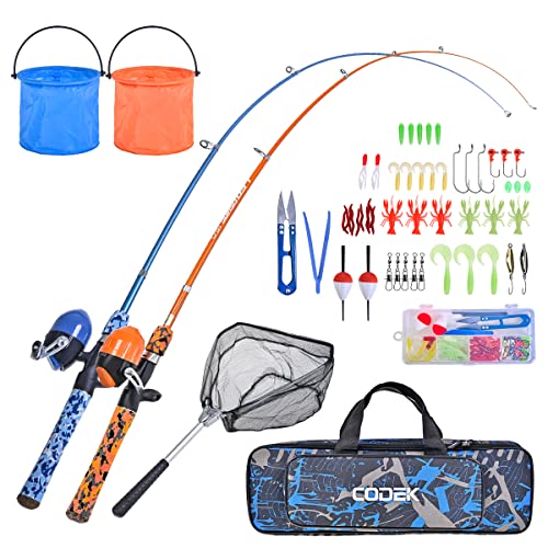 Kids Fishing Pole Set with Full Starter Kits 2 Set Portable Telescopic Fishing Rod and Spincast Reel Cambos with a Fishing Net and 2 Buckets for Boys Girls and Youth (2 Count)