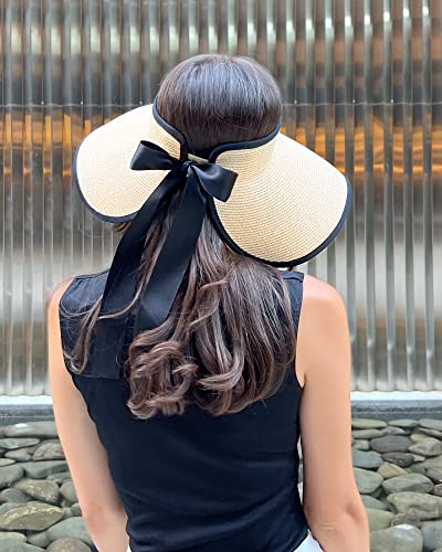 Women's Straw Sun Visor Hat UPF Wide Shade Ponytail Summer Hat