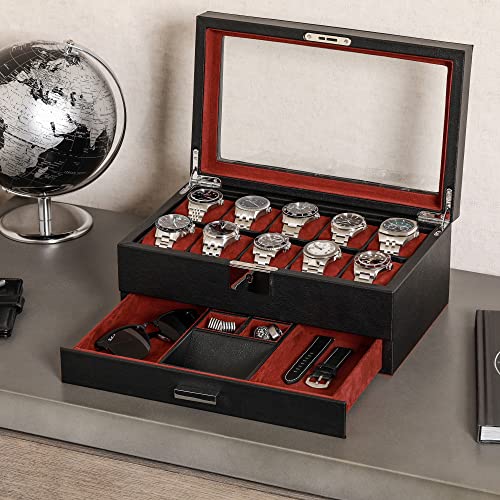 10 Slot Watch Box in Leather with Valet Drawer