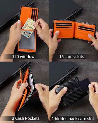 Wallet for Men RFID Blocking Genuine Leather Mens Wallets Bifold with 1 ID Window 15 Card Slots black stripe orange