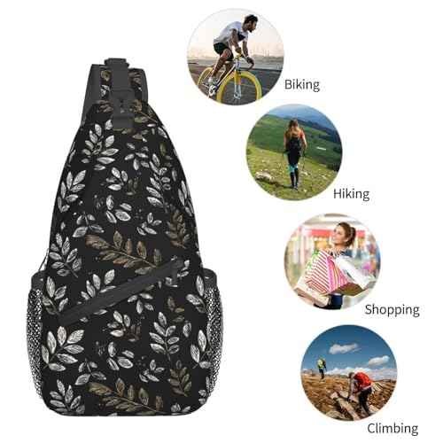 Sling Bag Boho Black Leaf Pattern Hiking Daypack Crossbody Shoulder Backpack Travel Chest Pack for Men Women