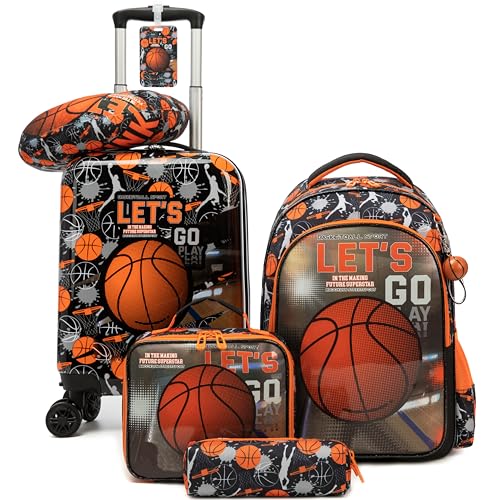 Kid’s Luggage Set 5 Piece Suitcase Set 16’’ Hardside Basketball Luggage with Spinner Wheels Boys Carry on Toddler Travel Rolling Suitcase Carry on Luggage Airline Approved (5 Count)