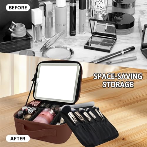 Travel Makeup Bag with LED Mirror and Light Travel Makeup Case Cosmetic Organizer Portable Cosmetic Brush Organizer Bag with Adjustable Dividers for Cosmetics Makeup Brushes Toiletry