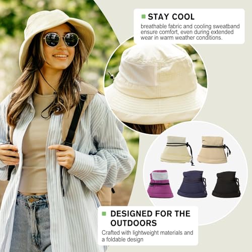 Sun Hat for Women Small Head Wide Brim UPF 50 UV Protection with Ponytail Hole Packable Bucket Hat for Travel Beach Outdoor Summer Waterproof Fishing Gardening Lightweight Cream Beige S