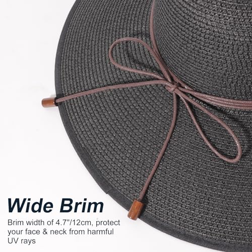 Womens Sun Straw Hat Bowknot Hat Summer Wide Brim Bucket Hats Foldable Beach Sun Hats Roll up UPF 50+