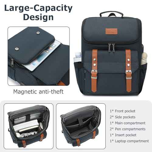 Vintage Backpack Travel Laptop Backpack with usb Charging Port for Women & Men College Backpack Fits 15.6 Inch Laptop Blue Brown