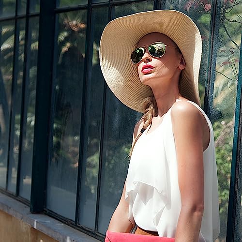 Womens Straw Hat Foldable Wide Brim Floppy Beach Sun Hat for Women Roll up Cap UPF 50+ Adjustable Strap Vacation