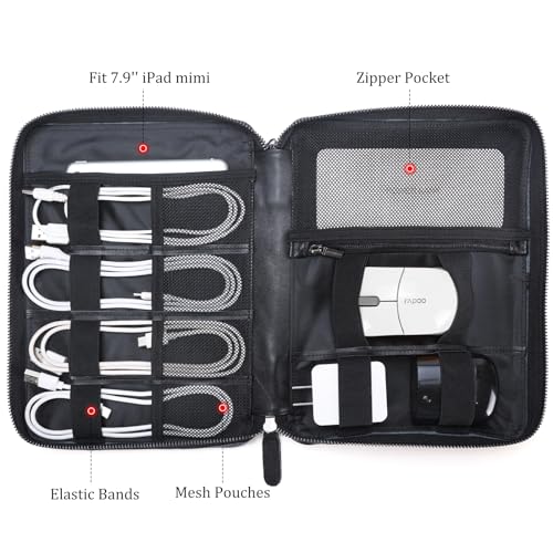 Polare Napa Leather Travel Cable Organizer Case Electronics Accessories Carry Bag with YKK Zippers Tech Storage Bag for Cables