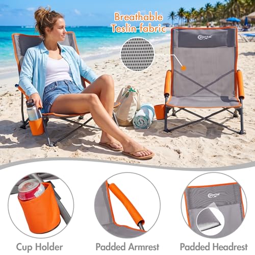 Beach Chairs for Adults 2 Pack High Back Low Folding Camping Chair Portable Lightweight with Cup Holder for Travel (2 Count)