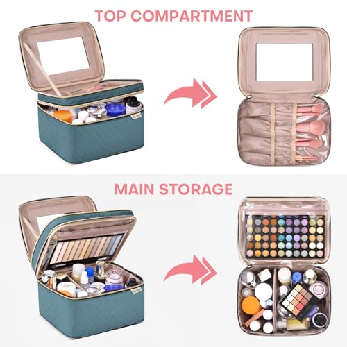 Large Makeup Bag with Mirror Double Layer Travel Make Up Organizer Case