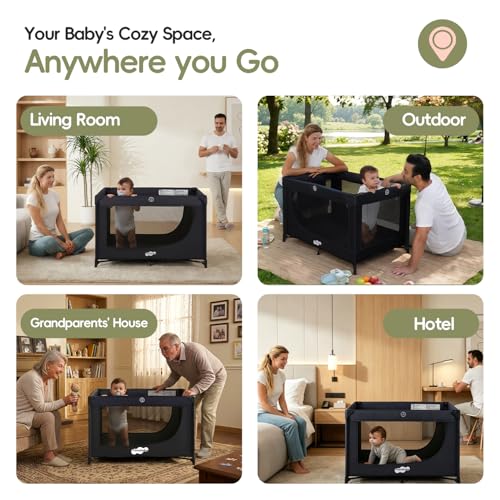 Pack and Play Portable Baby Crib Foldable Playard Leightweight Travel Playpen for Tooddlers and Infant Black
