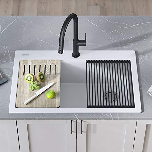 Bellucci Workstation 33 in. Drop In Single Bowl Granite Kitchen Sink in White with Accessories