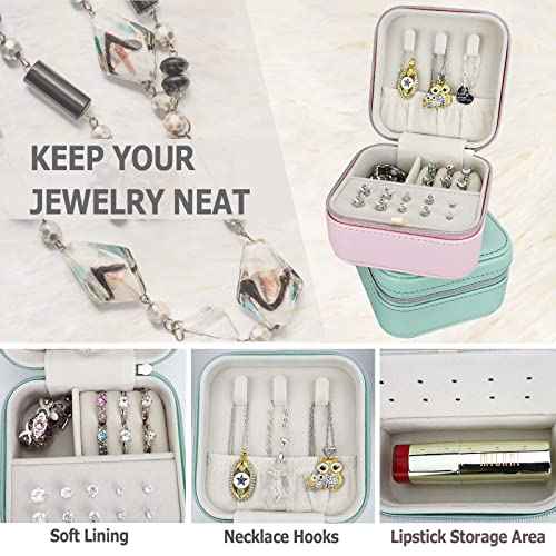 2 Pack】 PU Leather Travel Small Portable Mini Travel Jewelry Organizer for Rings Necklaces Earrings and Lipstick Green and Pink (2 Count)