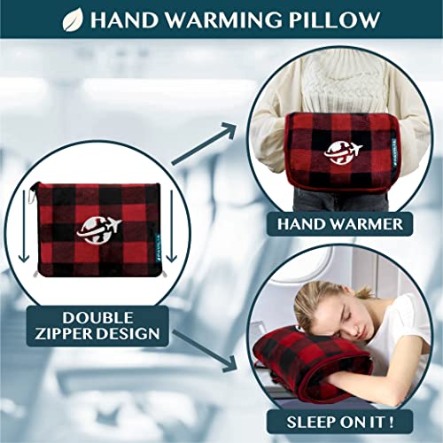 Compact 2-in-1 Travel Blanket Pillow for Airplane, Checkered Red