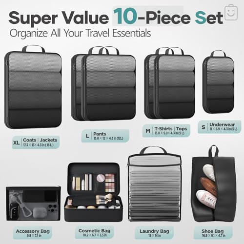 10 Set Compression Packing Cubes for Travel Essentials (10 Count)