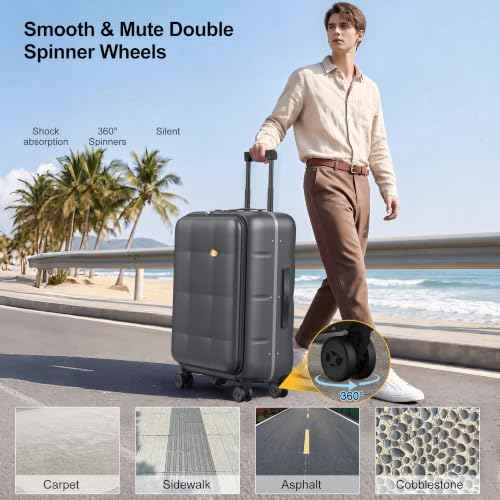26 Inch Large Checked Luggage Hardside Suitcases Top Open Charcoal Grey