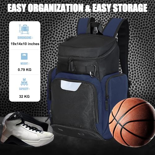 Large Basketball Backpack Sports Gym Bag with Ball Holder Ventilated Shoe Compartment Insulated Cooler Pockets Reflective Strips Fence Hook for Men Athletic Training