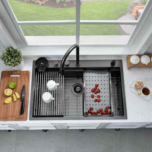 33x22 Black Waterfall Drop In Kitchen Sink with Fuacet Combo