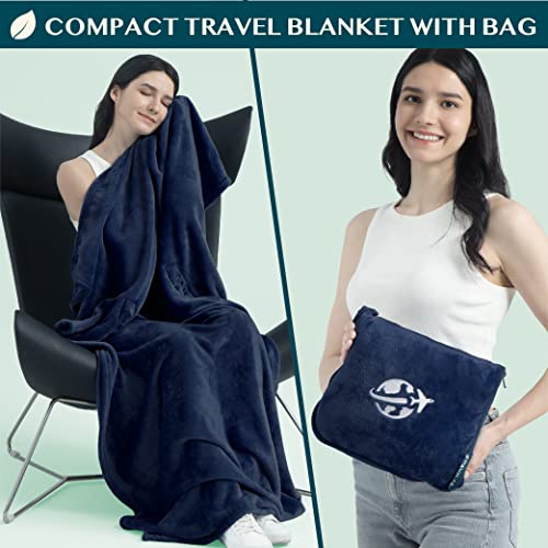 Compact 2-in-1 Travel Blanket Pillow for Airplane Flight, Navy Blue