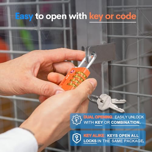 Dual-Opening: Key or Combination Access Lock, TSA Approved Locks for Luggage, Pelican case, Travel, Gym, School, Stainless Steel Shackle.(Orange, 2 Pk) (2 Count)