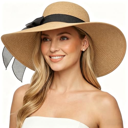 Women Wide Brim Bow Straw Hat Floppy Foldable Beach Sun Hat Roll up Cap UPF 50+