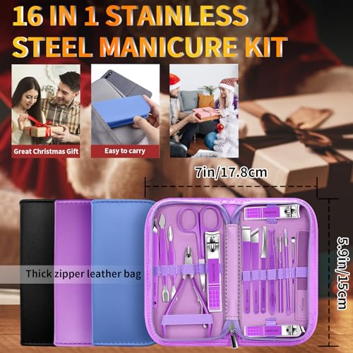 Manicure Set 16Pcs Professional Stainless Steel Pedicure Kit Mens Grooming Kit Fingernail & Toenail Clippers Set Manicure Kit with Luxurious Travel Bag