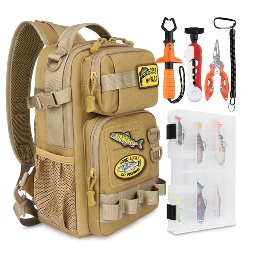 Small Fishing Backpack Fishing Sling Bag with 3600 Tackle Box Small Tackle Backpack with Tool Set Khaki