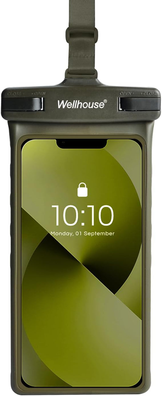 wellhouse Waterproof Phone Pouch, Waterproof Phone Case for iPhone 16 15 14 13 12 Pro Max XS Samsung, IPX8 3D Cellphone Dry Bag Beach Essentials (1 Pack - Olive7.0, 7 inch)