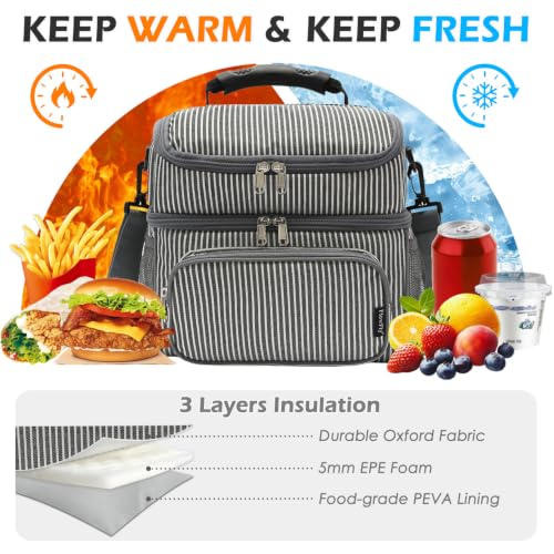 Double Layer Cooler Insulated Lunch Bag Adult Lunch Box Large Tote Bag for Men (White&Black Stripes)