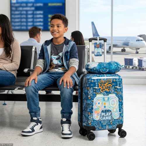Kids Luggage Set Carry On Suitcase with U shaped Pillow Rolling Toddler Suitcase for Boys Travel Set Hardside Luggage with Spinner Wheels Airline Approved