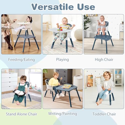 6-in-1 High Chair, Convertible Highchair for Babies and Toddlers/Kids Chair Table Set/Infant Feeding Chair w/Safety Harness, PU Leather Cushion & Removable Food Tray (Blue)