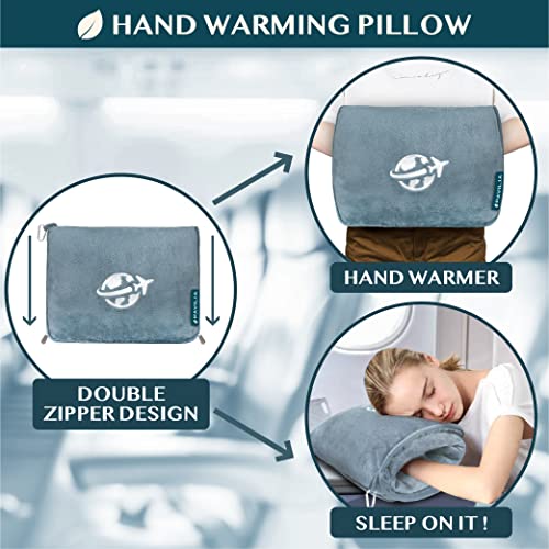 Compact 2-in-1 Travel Blanket Pillow for Airplane Flight, Blue