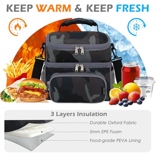 Double Layer Cooler Insulated Lunch Bag Adult Lunch Box Large Tote Bag for Men (Black#Camo)
