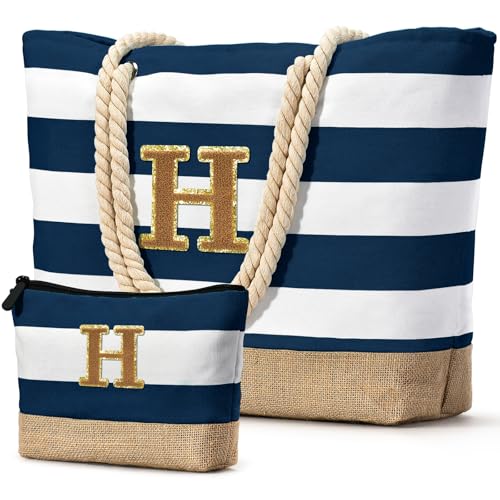 Beach Bag Initial Beach Tote with Makeup Bag for Travel