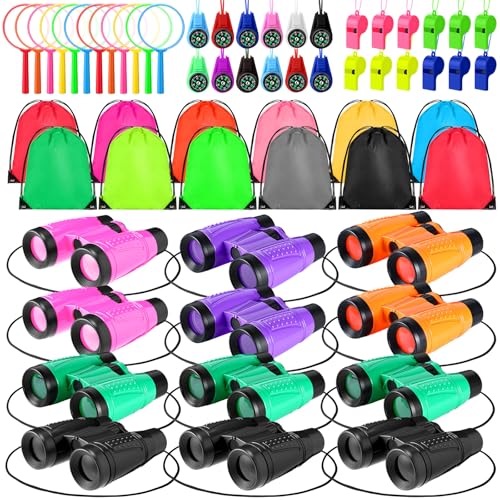 12 Set Binocular Compass Magnifying Glass Set Christmas Birthday Gift Small Telescope Binocular with Whistle Bag for Outdoor Exploring Stocking Stuffer (12 Count)