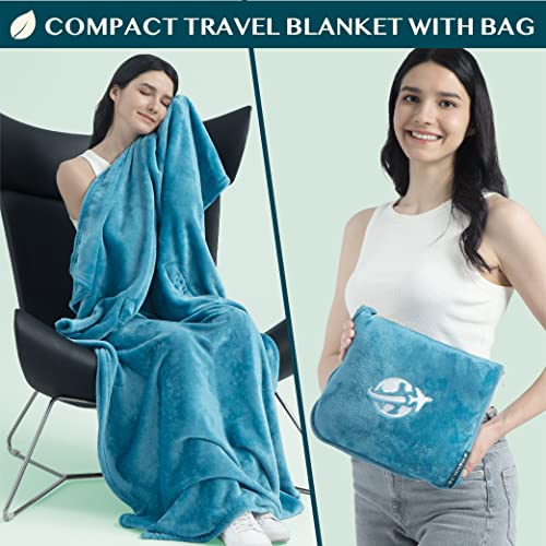 Compact 2-in-1 Travel Blanket Pillow for Airplane Flight, Teal Blue