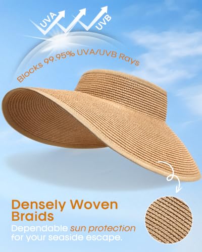 Womens Sun Visor Hats Wide Brim Straw Beach Hat UV Protection Ponytail Packable Beach Vacation Essentials Khaki