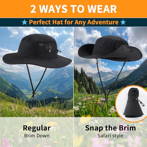 UPF50+ Mens Sun Hat Wide Brim Womens UV Protection Beach Bucket Hat Airy Fishing Hat Hiking Snap Up Cowboy Hat Black