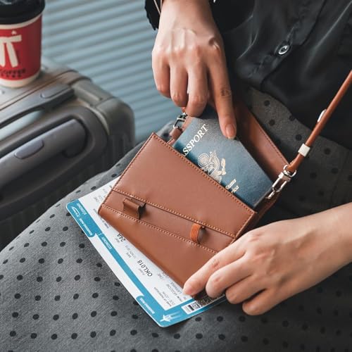 Real Leather Wallet RFID Blocking Passport Holder with Travel Lanyard Document Organizer Brown