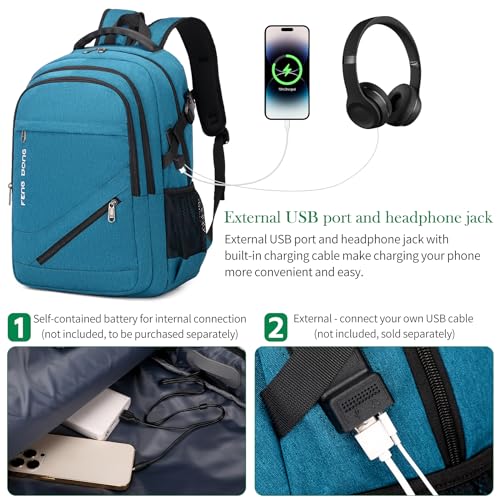 17.3 inch Large Laptop Backpack Durable Waterproof Travel College Backpack Bookbag for Men & Women Business Backpack with USB Charging Port and Headset Port Light Teal