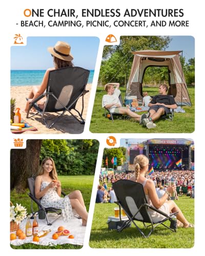 Beach Camping Folding Chairs for Adults Low Portable Chair with Cup Holder High Mesh Back for Outdoor Lawn Sand Travel Festival Concert