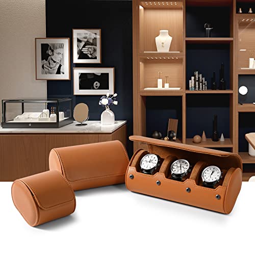 3 Slot Leather Watch Storage Box Brown