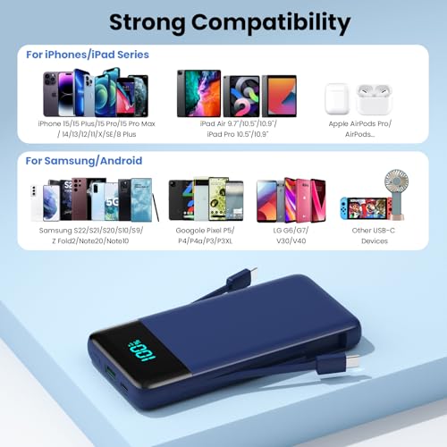 Portable Charger for iPhone with Built in Cables and Wall Plug