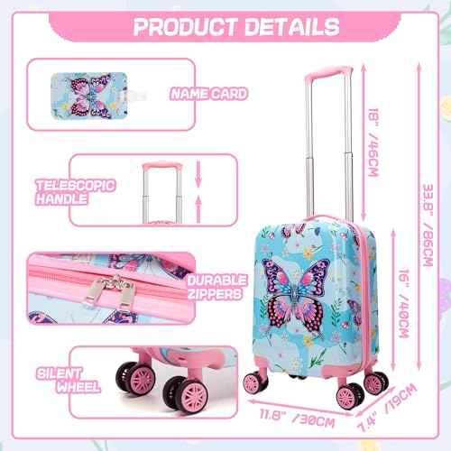 Kids Luggage Set 2 Pcs Carry On Rolling Suitcase with U shaped Pillow Butterfly Toddler Suitcase for Girls Hardside Luggage with Spinner Wheels Airline Approved (2 Count)