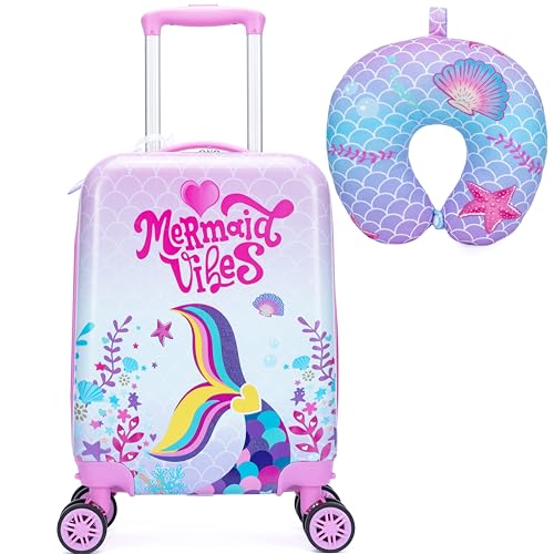 Cute Mermaid Kid’s Luggage Set 2 Piece Suitcase Set 16" Hardside Luggage with Spinner Wheels Girls Carry on Toddler Travel Rolling Luggage Airline Approved (2 Count)
