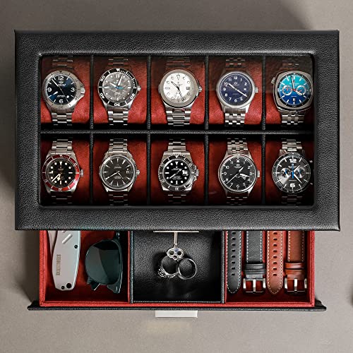 10 Slot Watch Box in Leather with Valet Drawer