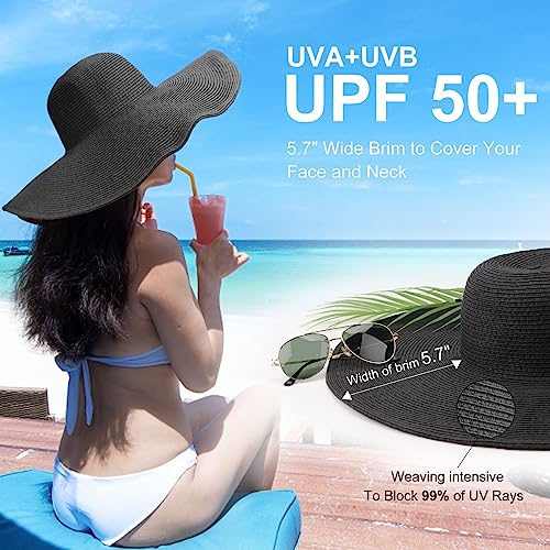 Beach Hats for Women Big Straw Wide Brim Summer Hat Floppy Foldable Roll up Cap Sun Hat UPF 50+