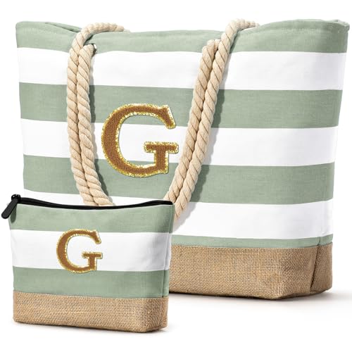 Beach Bag Initial Beach Tote with Makeup Bag for Travel Work Storage Personalized Birthday Gifts for Women Her